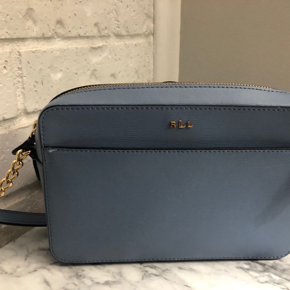 Ralph Lauren light blue shoulder purse with chain and leather handle